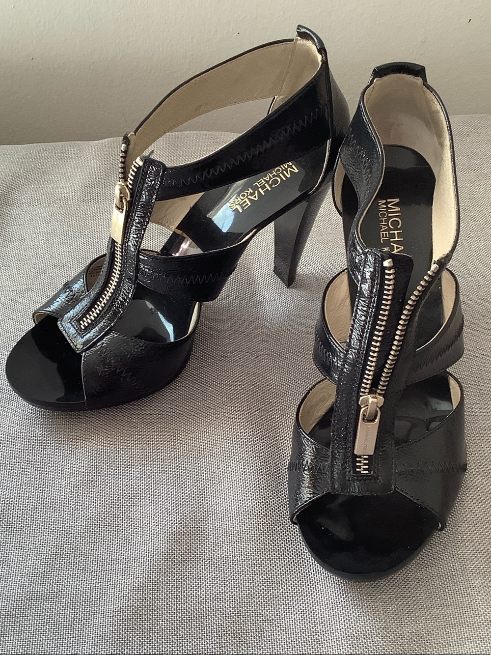Michael Kors Black Patent Leather Front-Zip High Heel Sandals